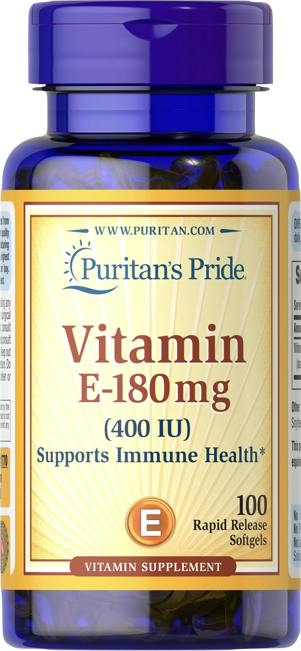 Puritan's Pride Vitamina E 400 UI | DL-Alfa Tocoferol 100 cápsulas blandas de liberación rápida - vista frontal