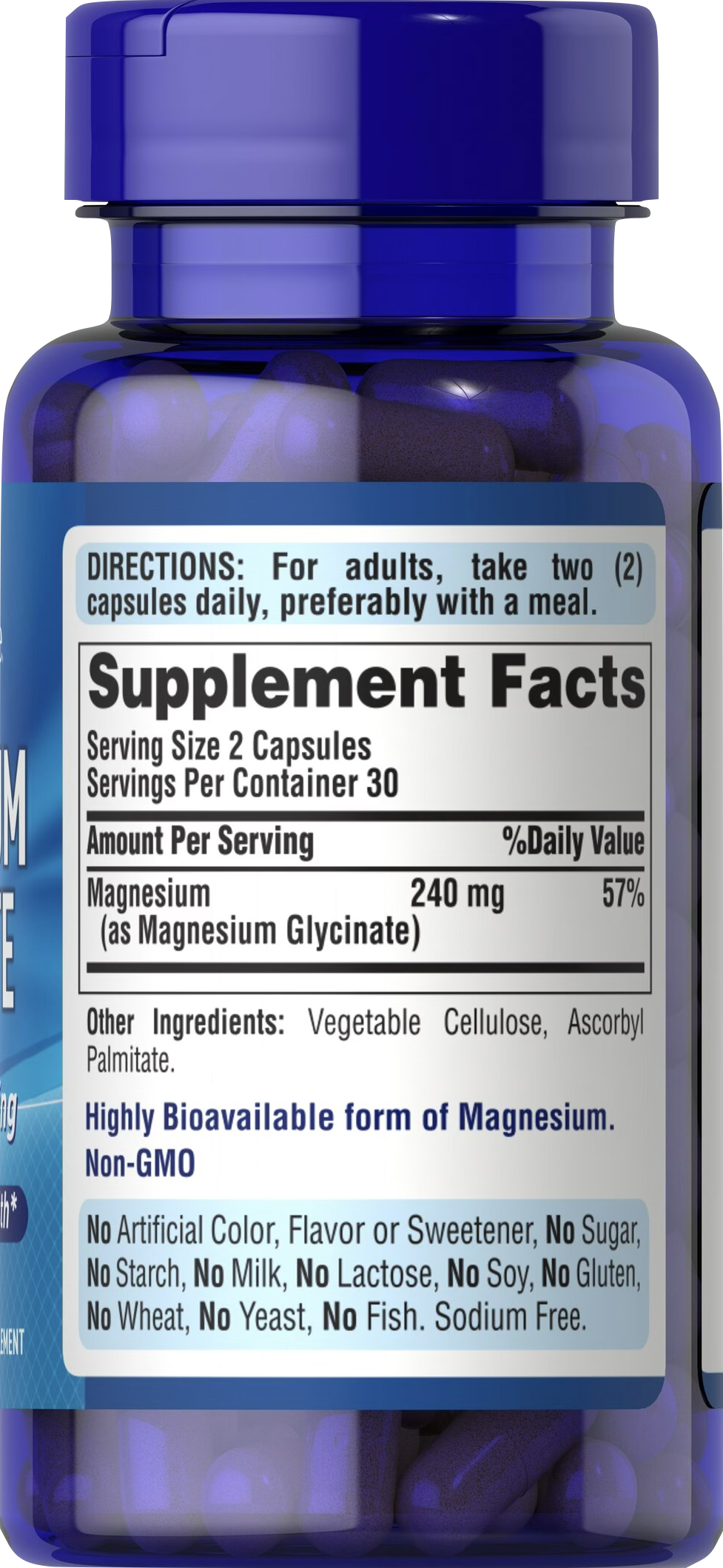 Puritan's Pride Glicinato de Magnesio 240 mg 60 cápsulas - información nutricional e ingredientes