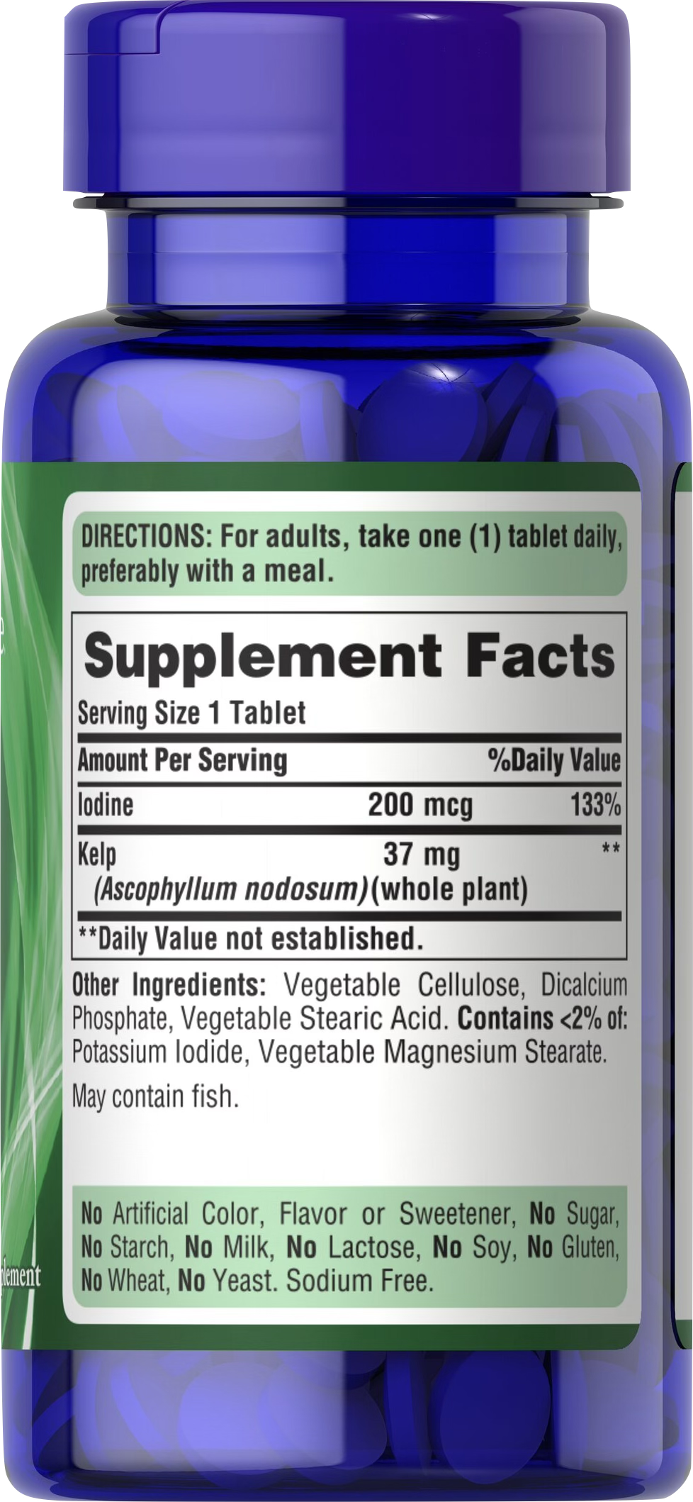 Puritan's Pride Kelp Marino con Yodo 200 mcg 250 comprimidos - información nutricional e ingredientes