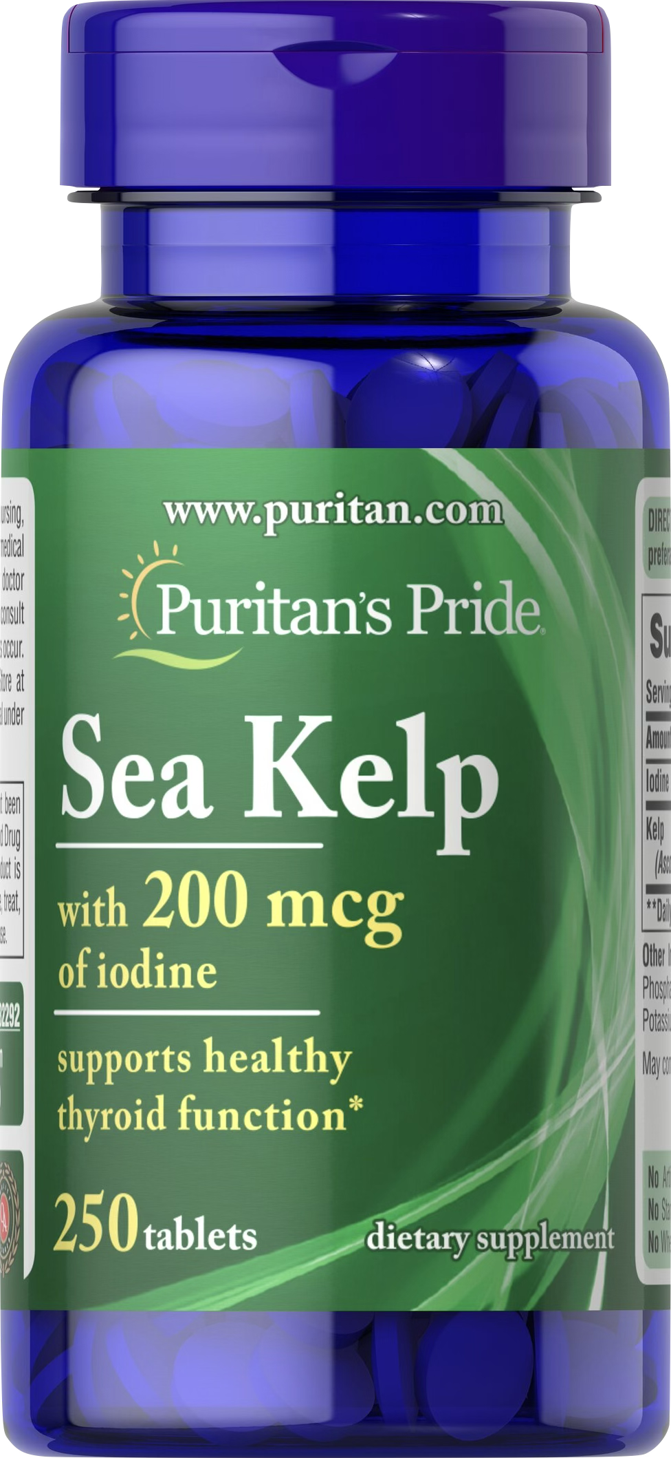 Puritan's Pride Kelp Marino con Yodo 200 mcg 250 comprimidos - vista frontal