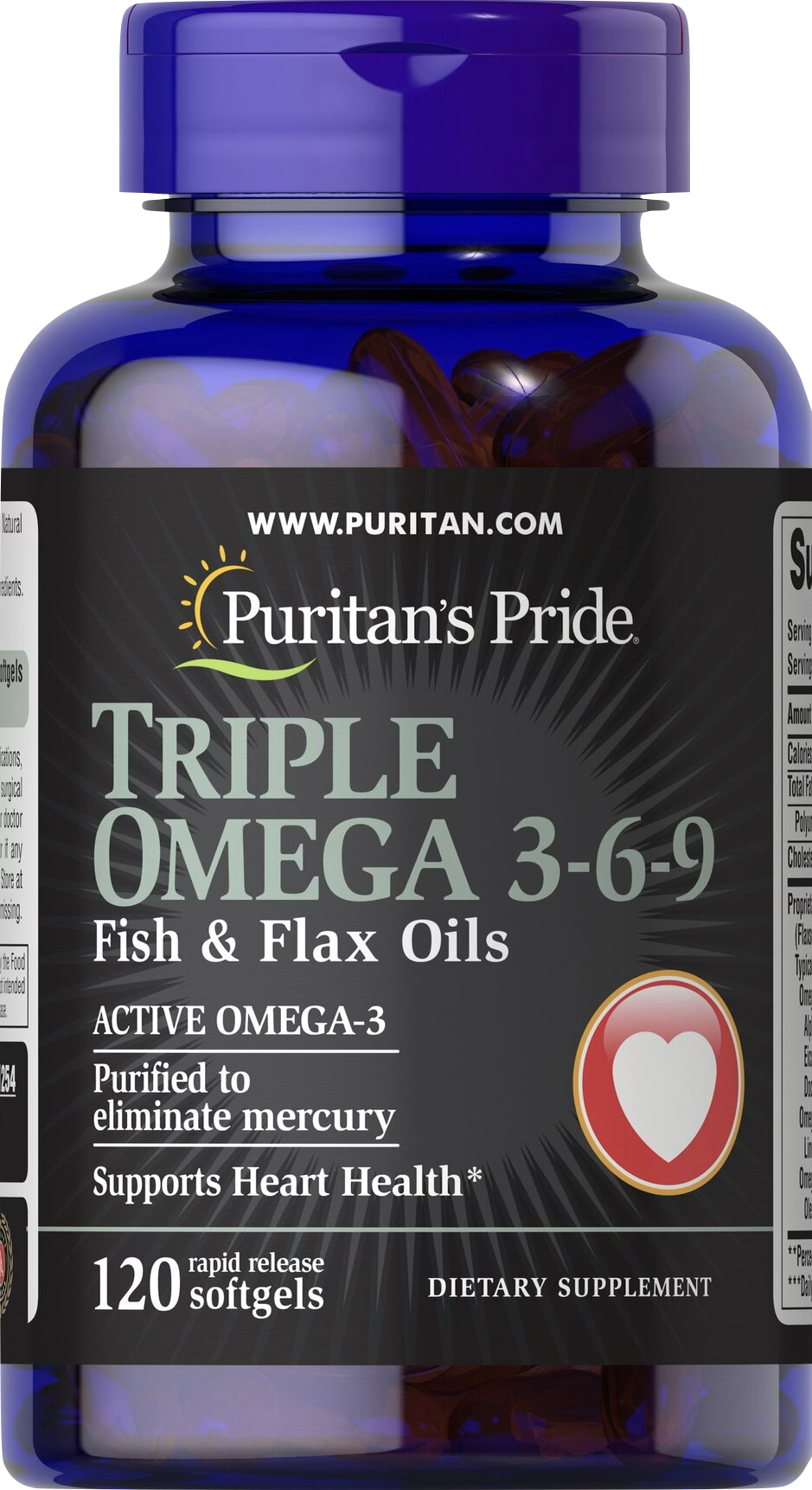 Puritan's Pride Triple Omega 3-6-9 120 cápsulas blandas de liberación rápida - vista frontal