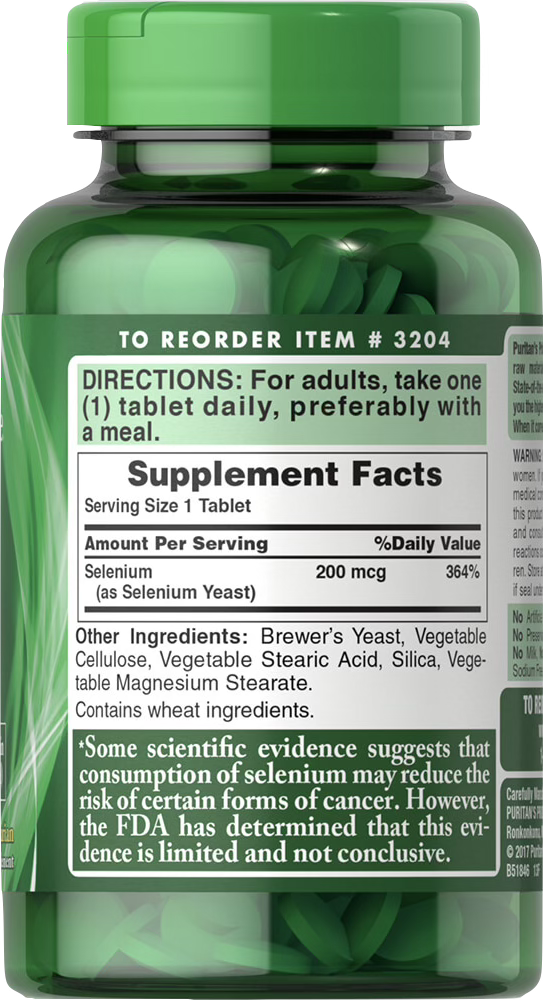 Puritan's Pride Selenio 200 mcg 250 comprimidos - información nutricional e ingredientes