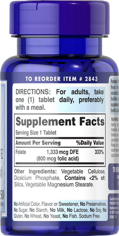 Puritan’s Pride Ácido fólico 800 mcg 250 comprimidos vegetarianos - información nutricional e ingredientes