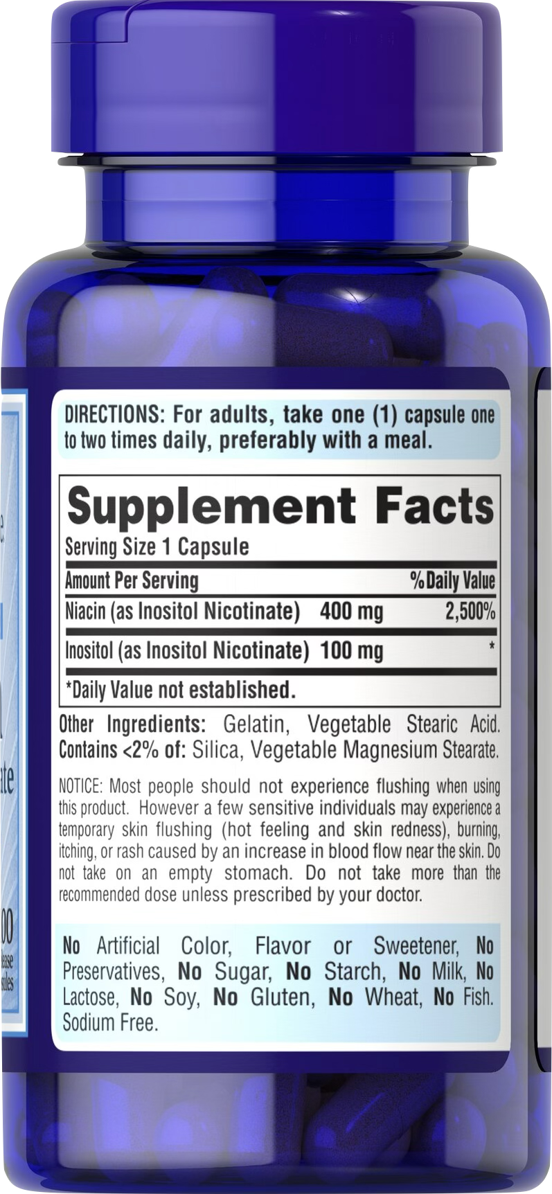 Puritan's Pride Niacina B3 500 mg (Inositol Nicotinato) 100 cápsulas de liberación rápida - información nutricional e ingredientes