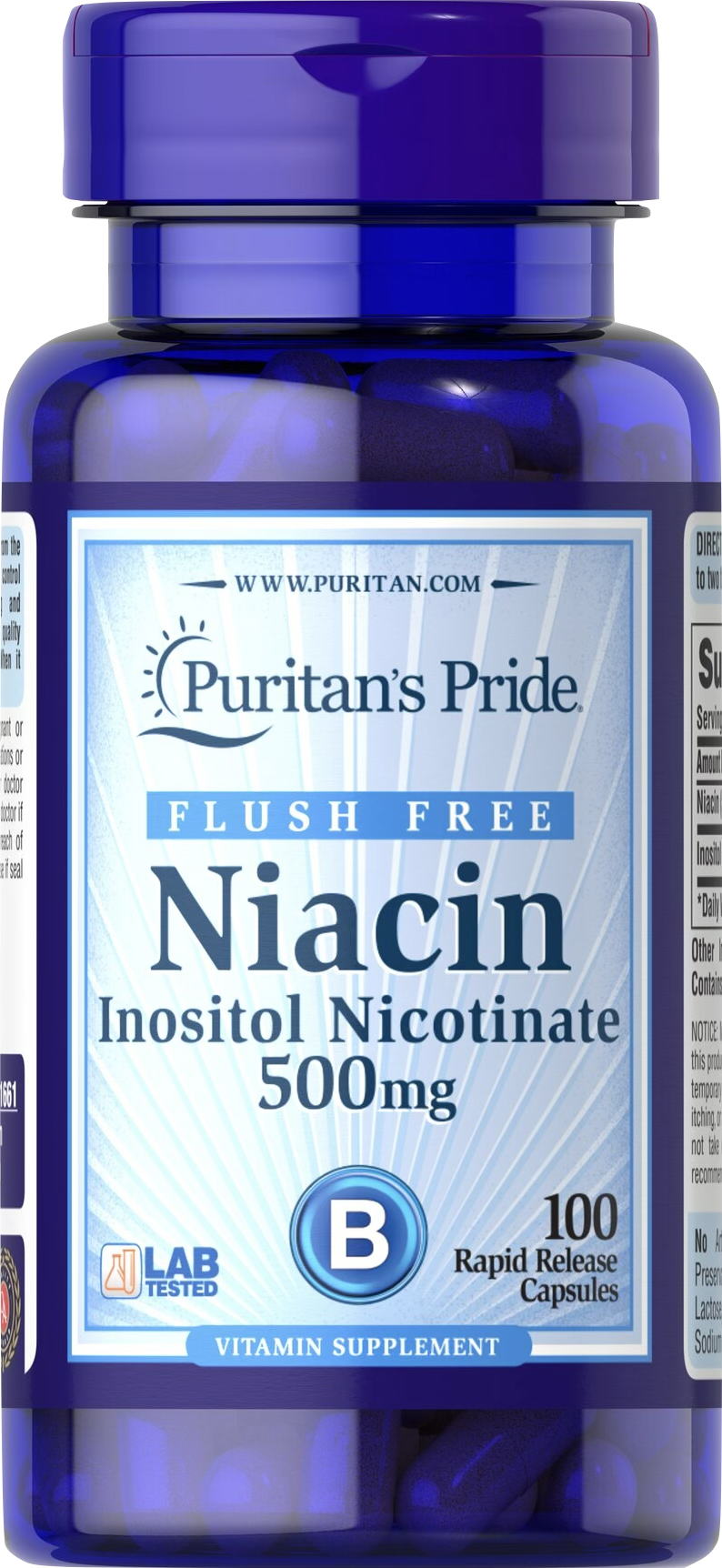 Puritan's Pride Niacina B3 500 mg (Inositol Nicotinato) 100 cápsulas de liberación rápida - vista frontal
