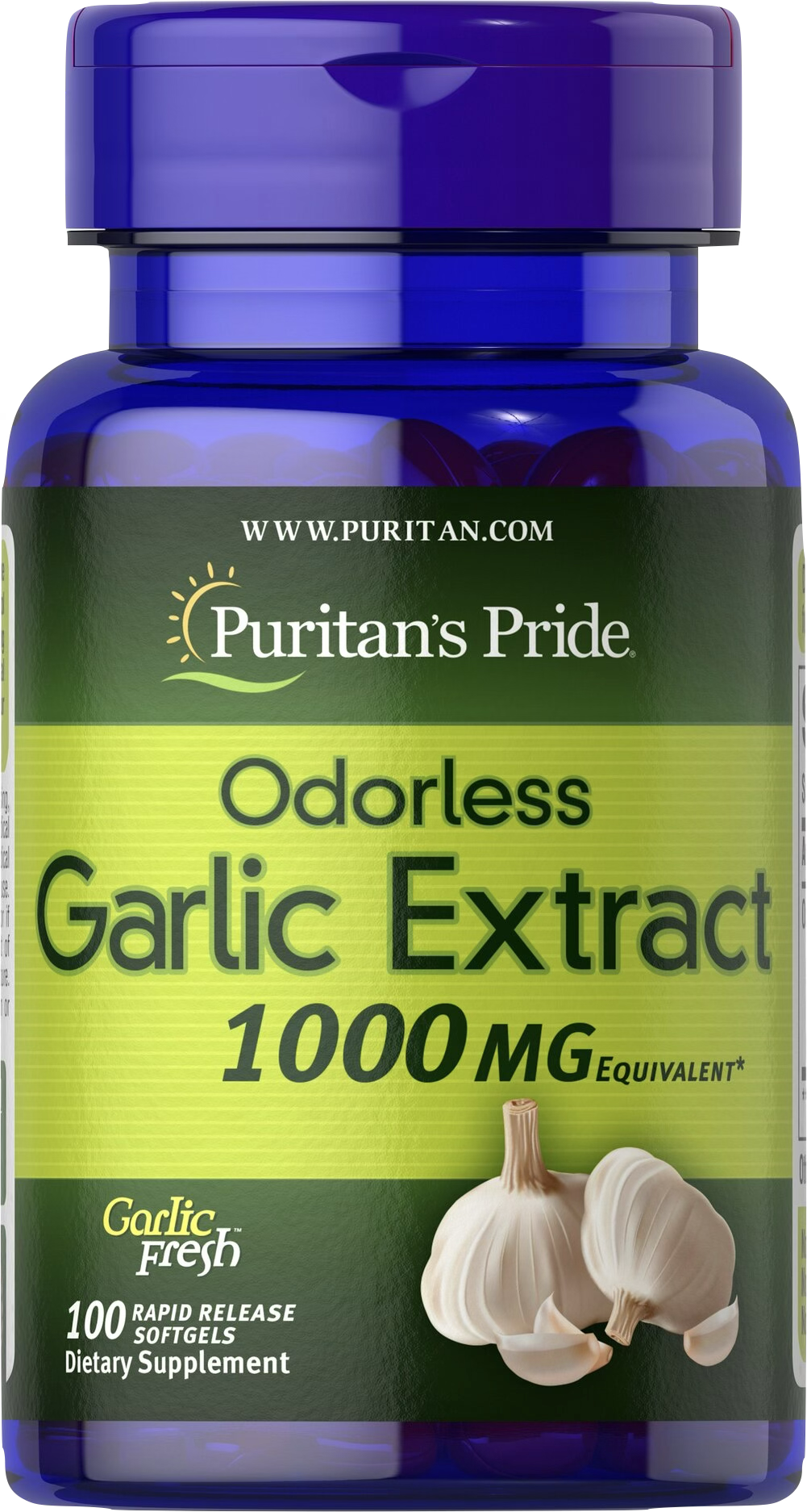 Puritan's Pride Extracto de Ajo sin Olor 1000 mg 100 cápsulas blandas de liberación rápida - vista frontal