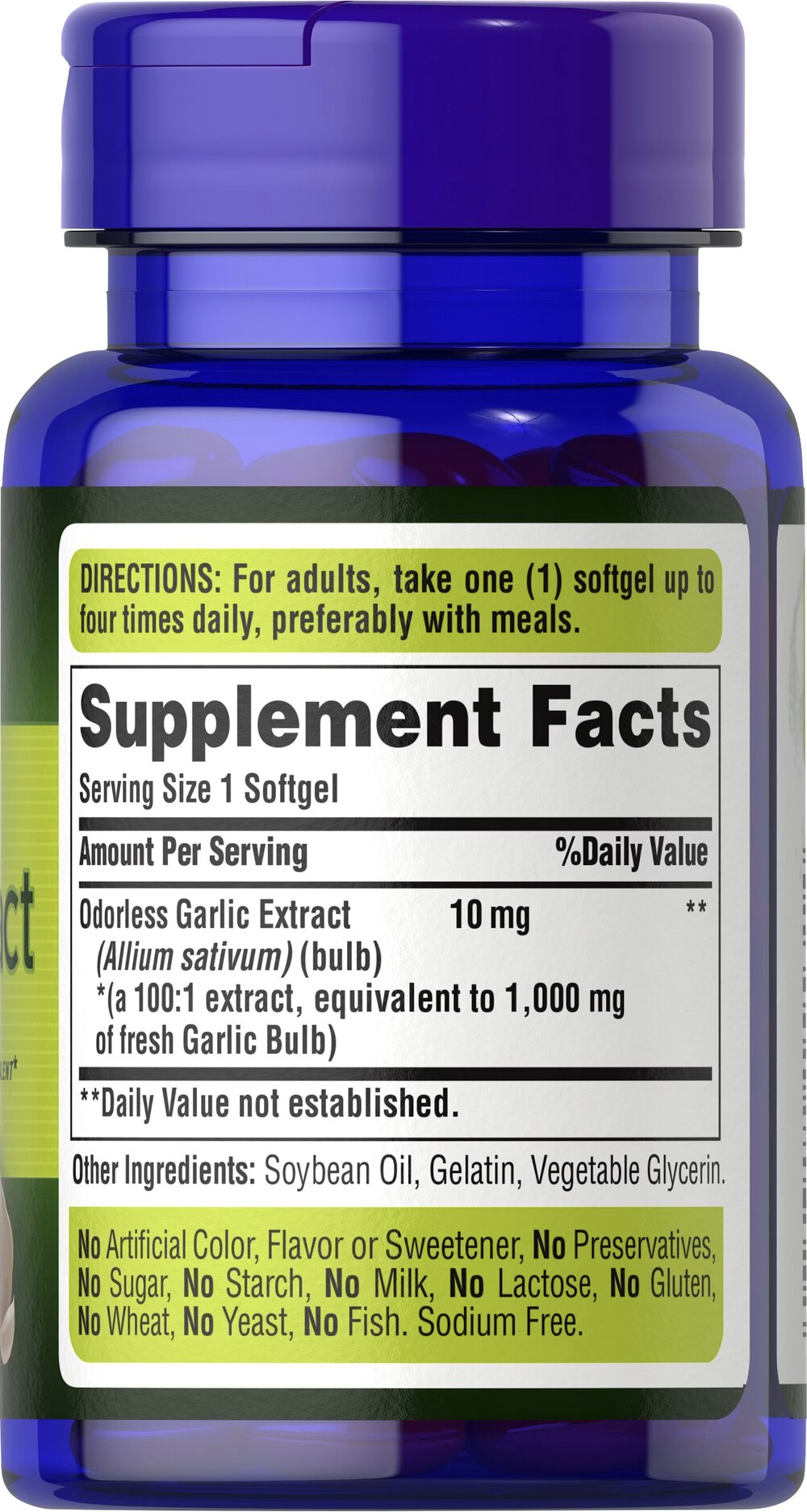 Puritan's Pride Extracto de Ajo sin Olor 1000 mg 100 cápsulas blandas de liberación rápida - información nutricional e ingredientes
