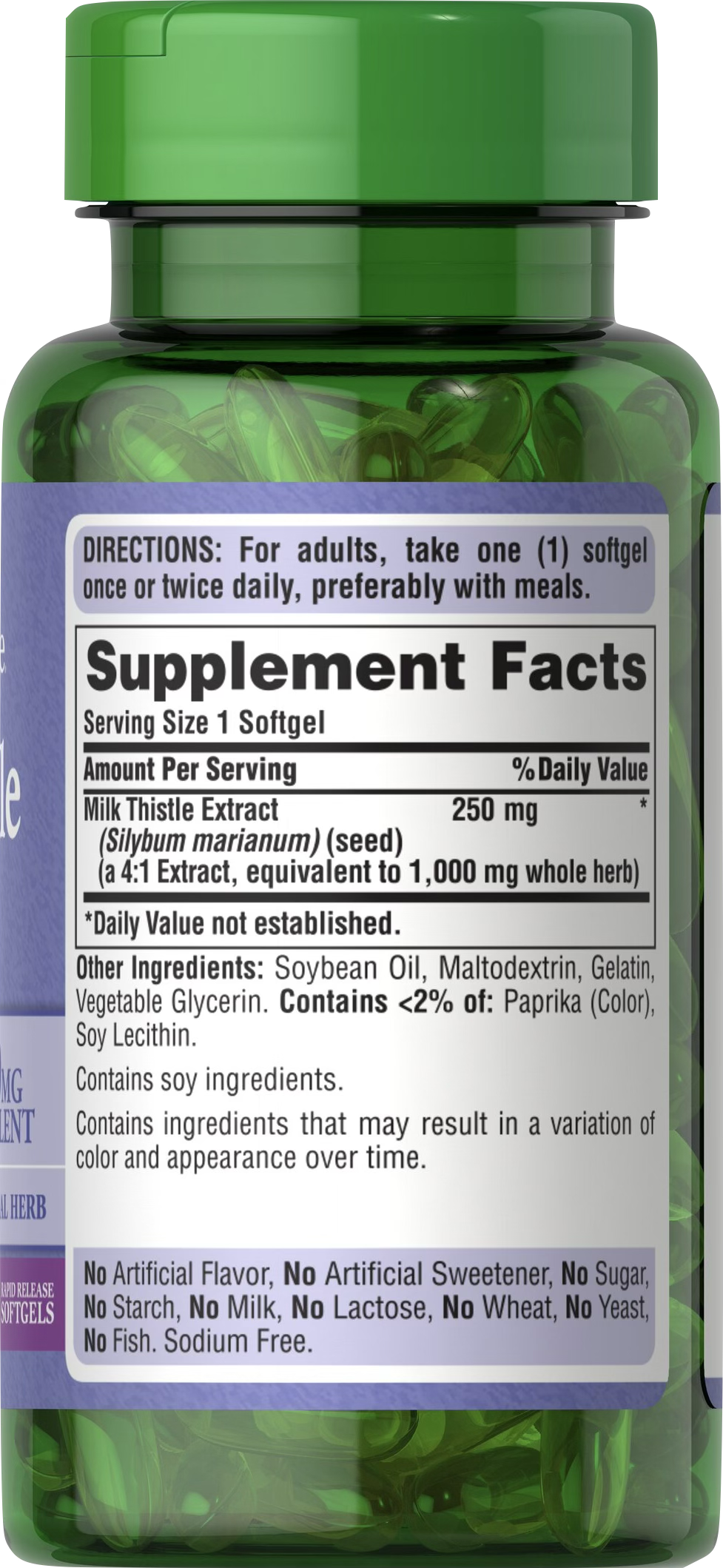 Puritan's Pride Cardo Mariano (Milk Thistle) 1000 mg 90 cápsulas blandas de liberación rápida - información nutricional e ingredientes