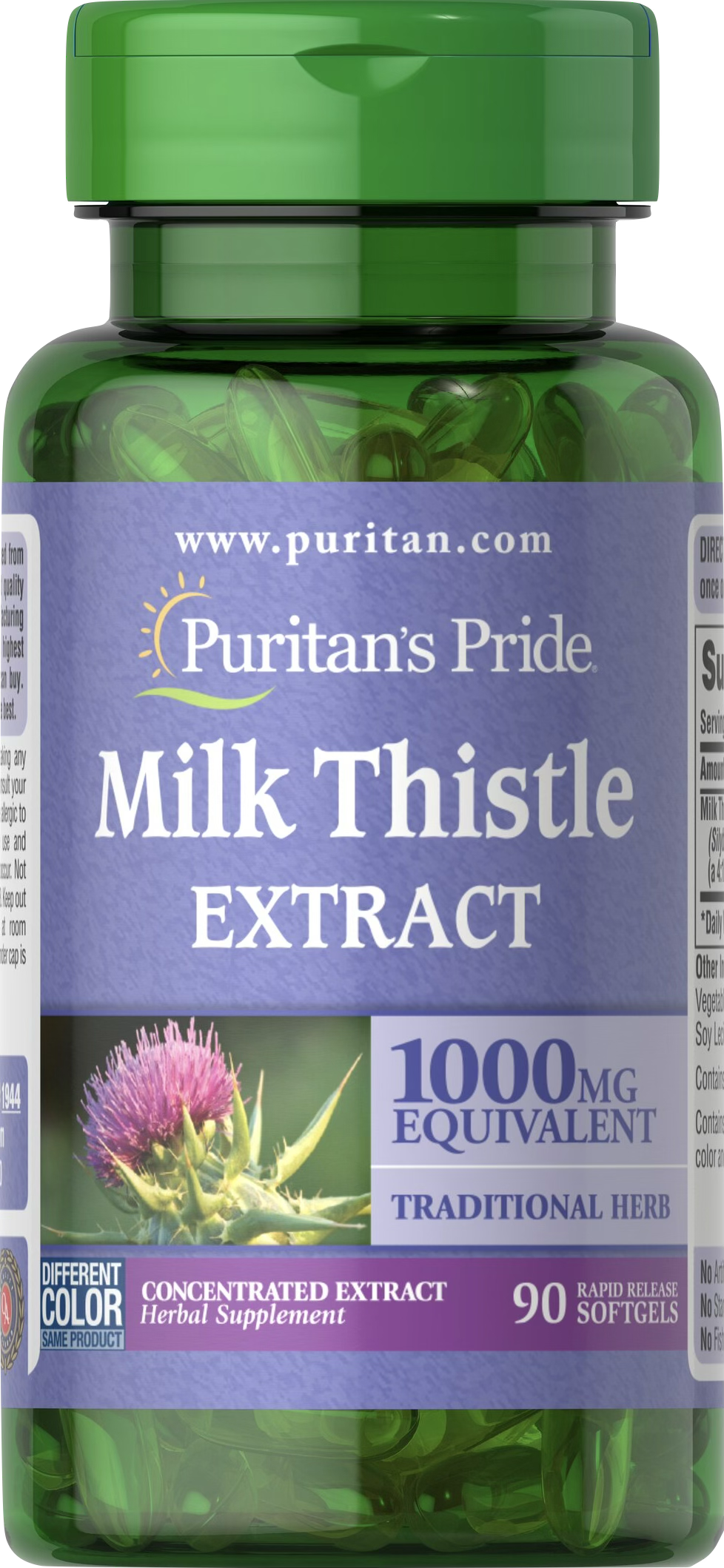 Puritan's Pride Cardo Mariano (Milk Thistle) 1000 mg 90 cápsulas blandas de liberación rápida - vista frontal