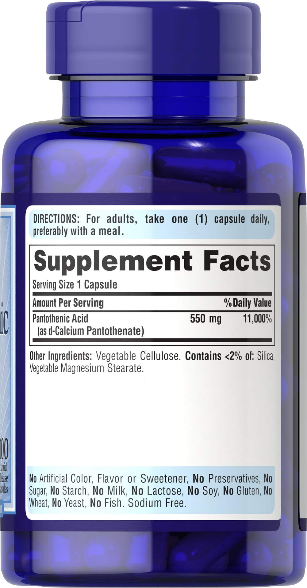 Puritan’s Pride Ácido pantoténico 550 mg 100 cápsulas de liberación rápida - información nutricional e ingredientes