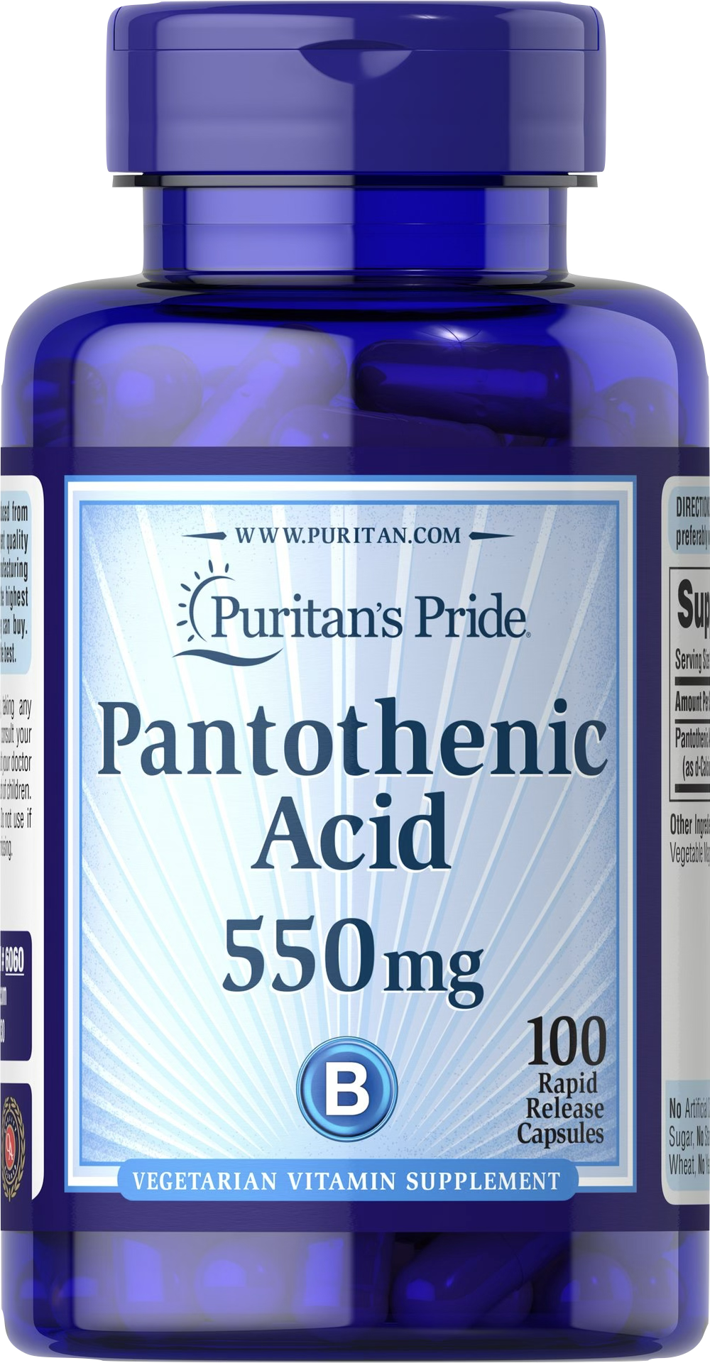Puritan’s Pride Ácido pantoténico 550 mg 100 cápsulas de liberación rápida - vista frontal