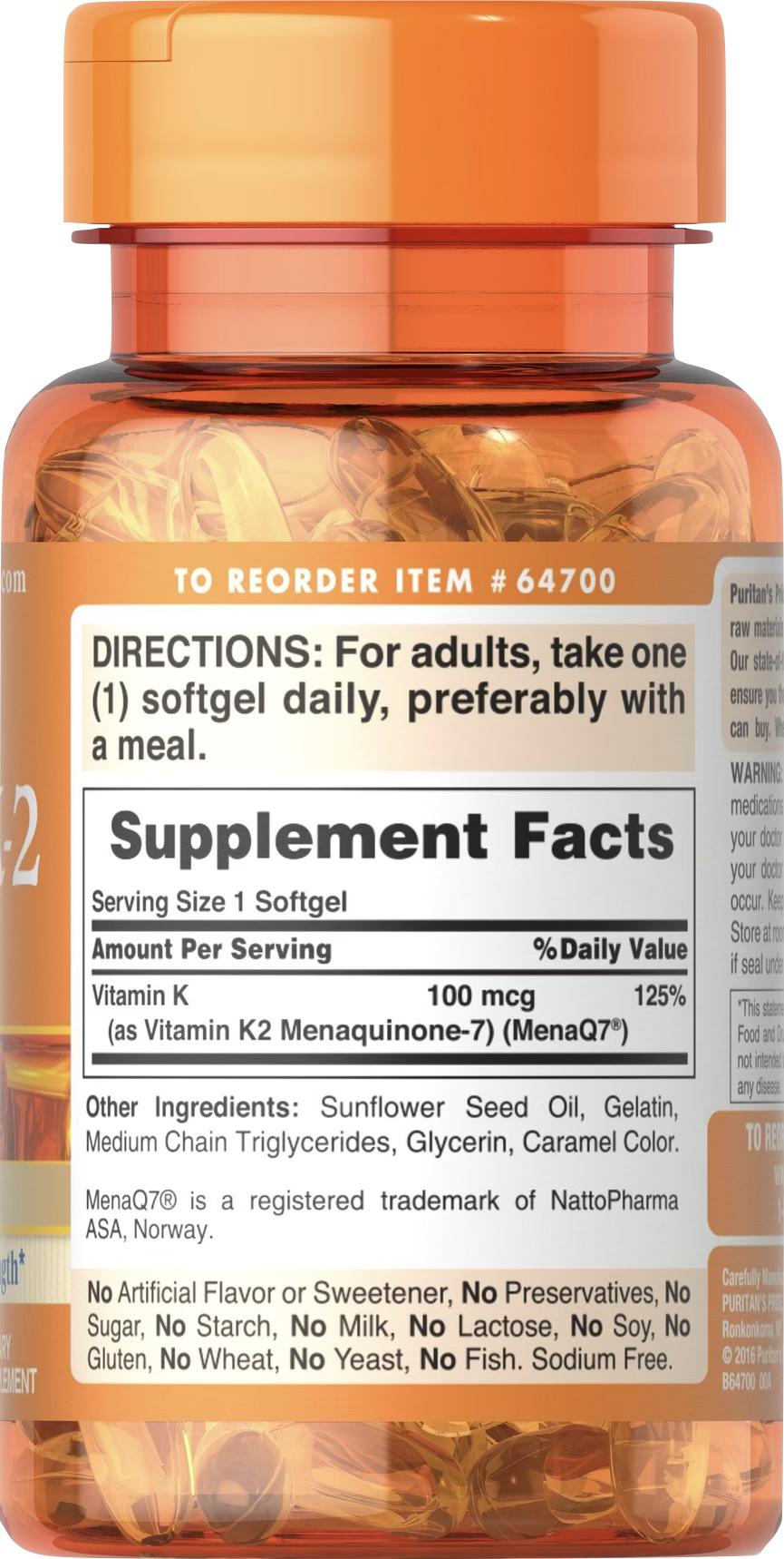Puritan's Pride Vitamina K2 100 mcg MenaQ7® 30 cápsulas blandas de liberación rápida - información nutricional e ingredientes