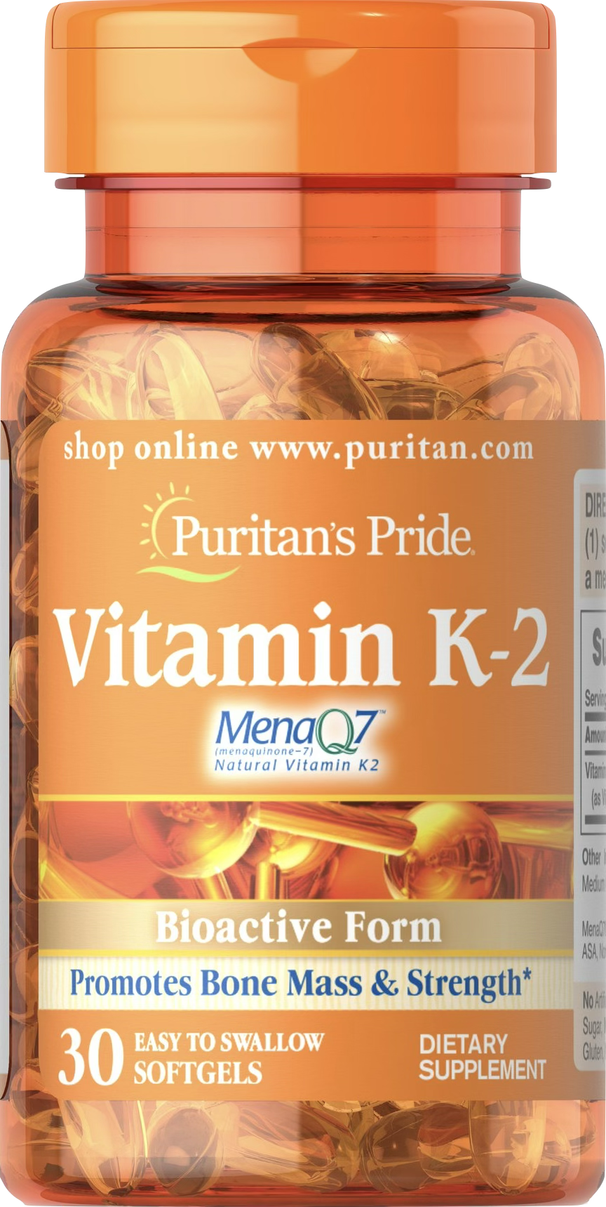 Puritan's Pride Vitamina K2 100 mcg MenaQ7® 30 cápsulas blandas de liberación rápida - vista frontal