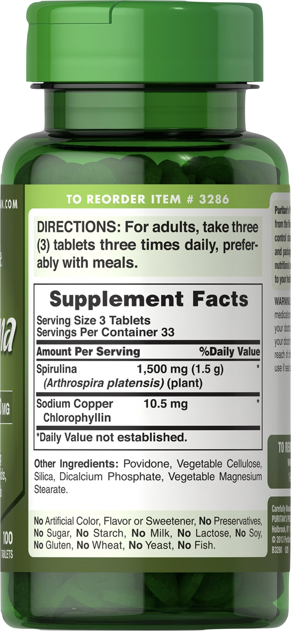 Puritan's Pride Espirulina 500 mg 100 comprimidos - información nutricional e ingredientes