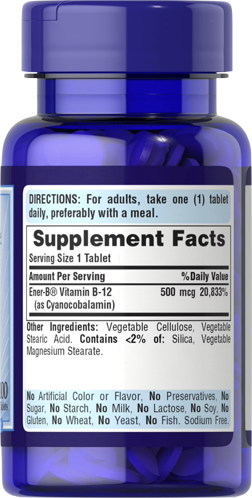 Puritan's Pride Vitamina B-12 500 mcg Ener-B® 100 comprimidos - información nutricional e ingredientes