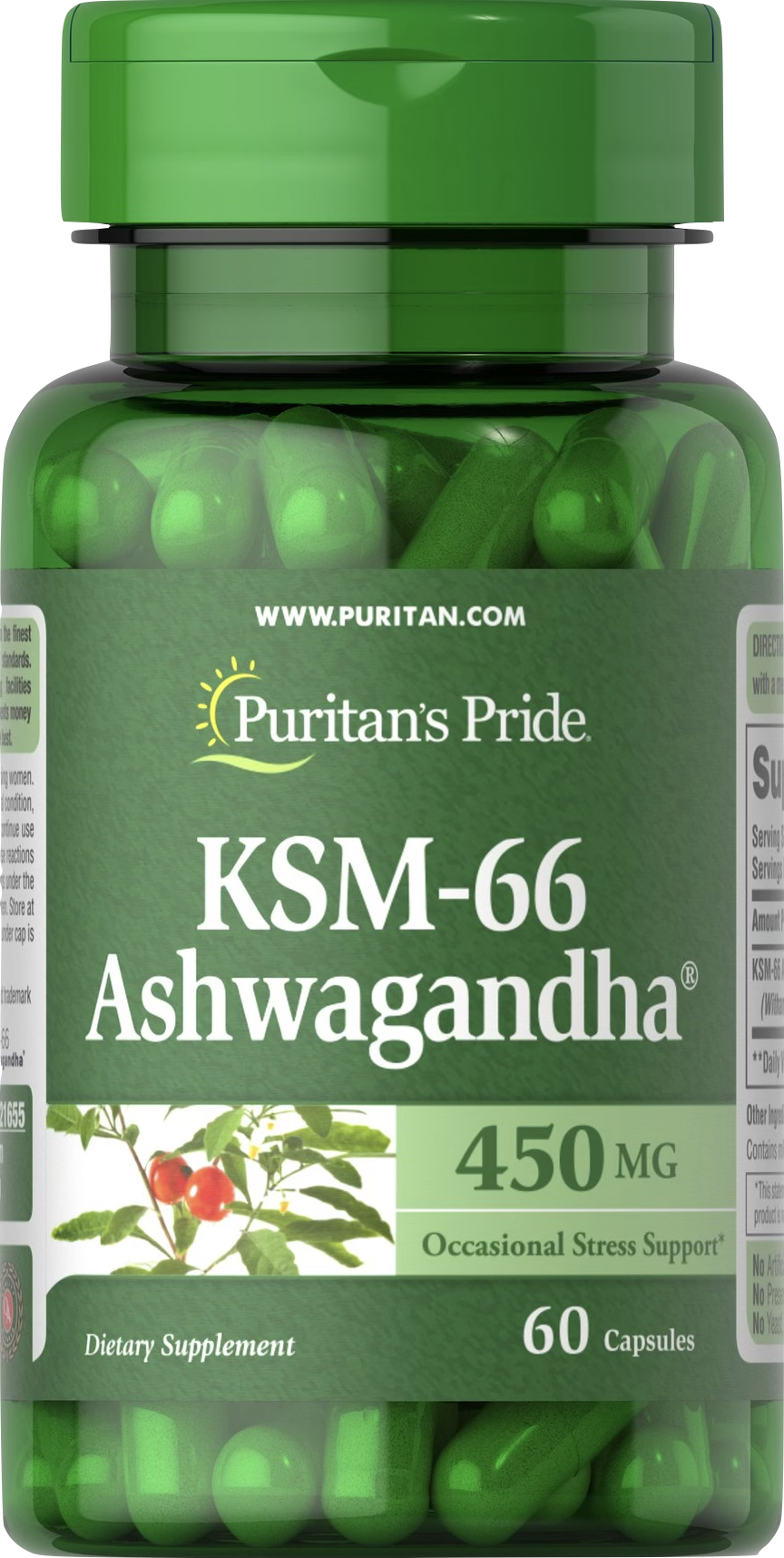 Puritan’s Pride Ashwagandha KSM-66® 450 mg 60 cápsulas de liberación rápida - vista frontal