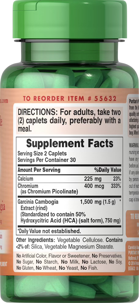 Puritan’s Pride Garcinia cambogia 750 mg 60 comprimidos - información nutricional e ingredientes