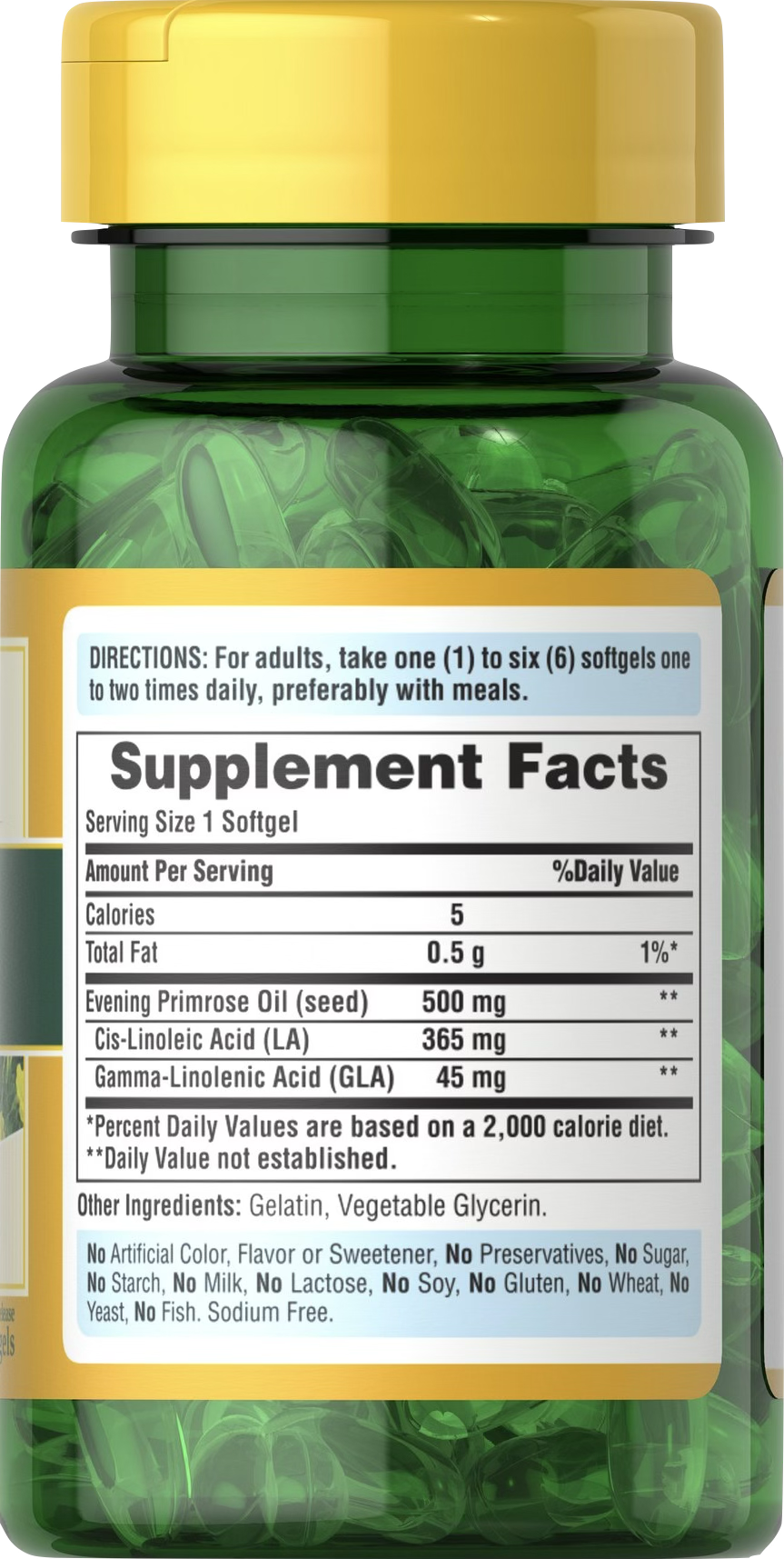 Puritan’s Pride Aceite de onagra 500 mg 100 cápsulas blandas de liberación rápida - información nutricional e ingredientes