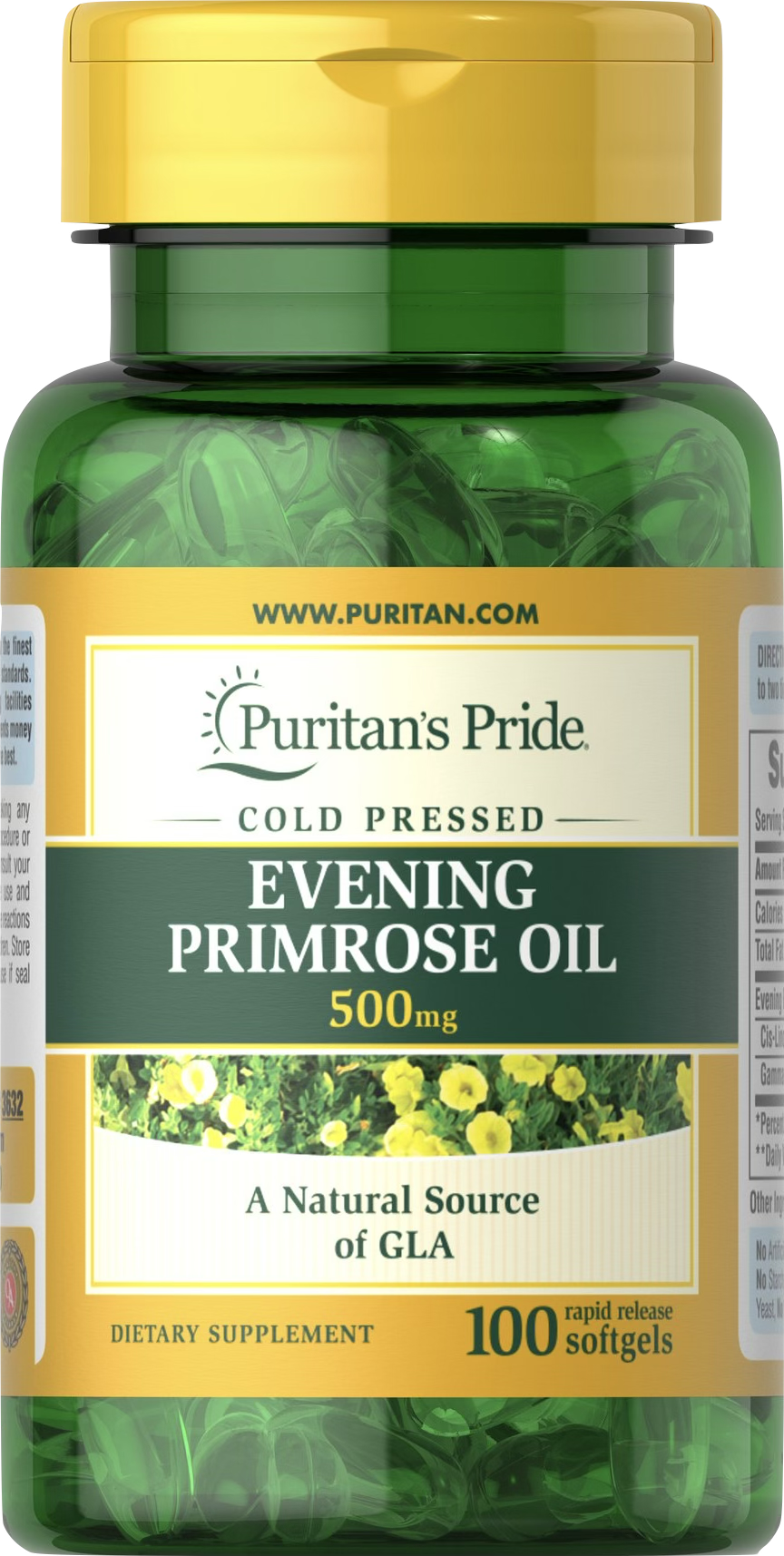 Puritan’s Pride Aceite de onagra 500 mg 100 cápsulas blandas de liberación rápida - vista frontal