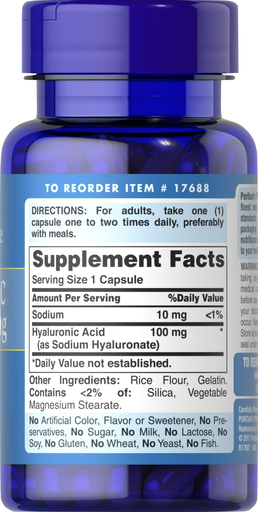 Puritan’s Pride Ácido hialurónico 100 mg 60 cápsulas de liberación rápida - información nutricional e ingredientes