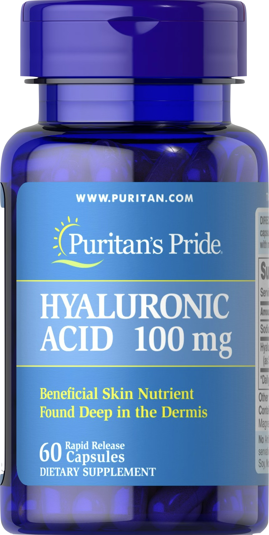 Puritan’s Pride Ácido hialurónico 100 mg 60 cápsulas de liberación rápida - vista frontal