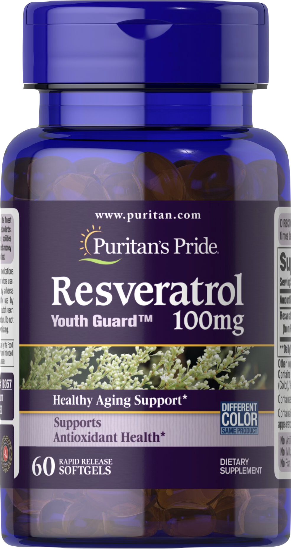 Puritan's Pride Resveratrol 100 mg 60 cápsulas blandas de liberación rápida - vista frontal