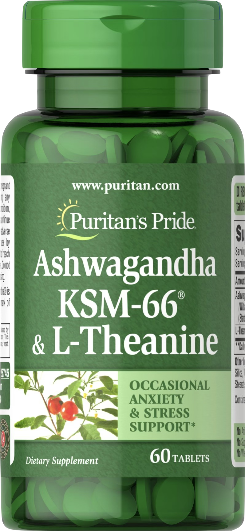 Puritan’s Pride Ashwagandha KSM-66® & L-Teanina 60 comprimidos - vista frontal