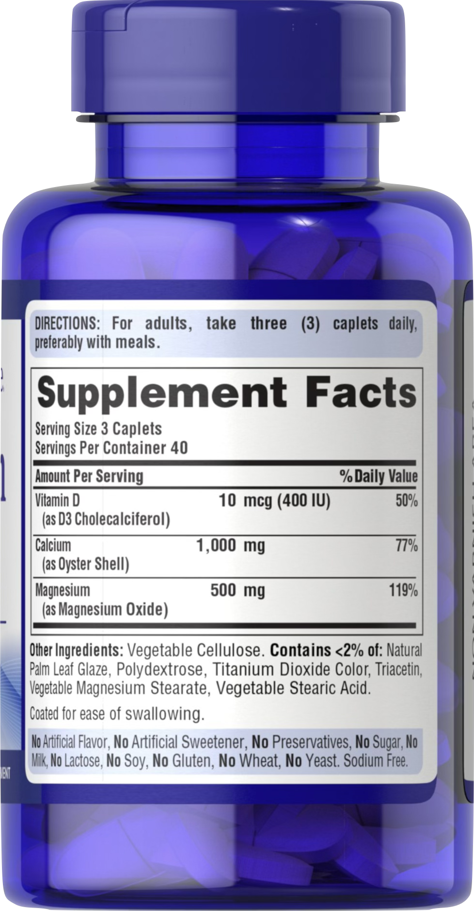Puritan’s Pride Calcio, Magnesio y Vitamina D3 120 comprimidos recubiertos - información nutricional e ingredientes