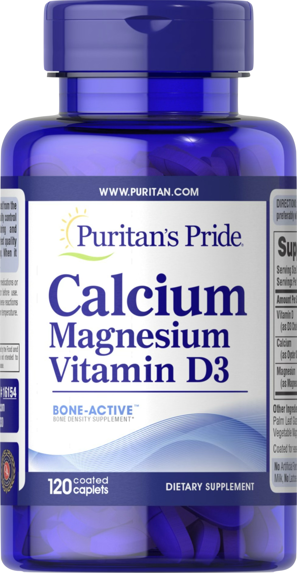 Puritan’s Pride Calcio, Magnesio y Vitamina D3 120 comprimidos recubiertos - vista frontal
