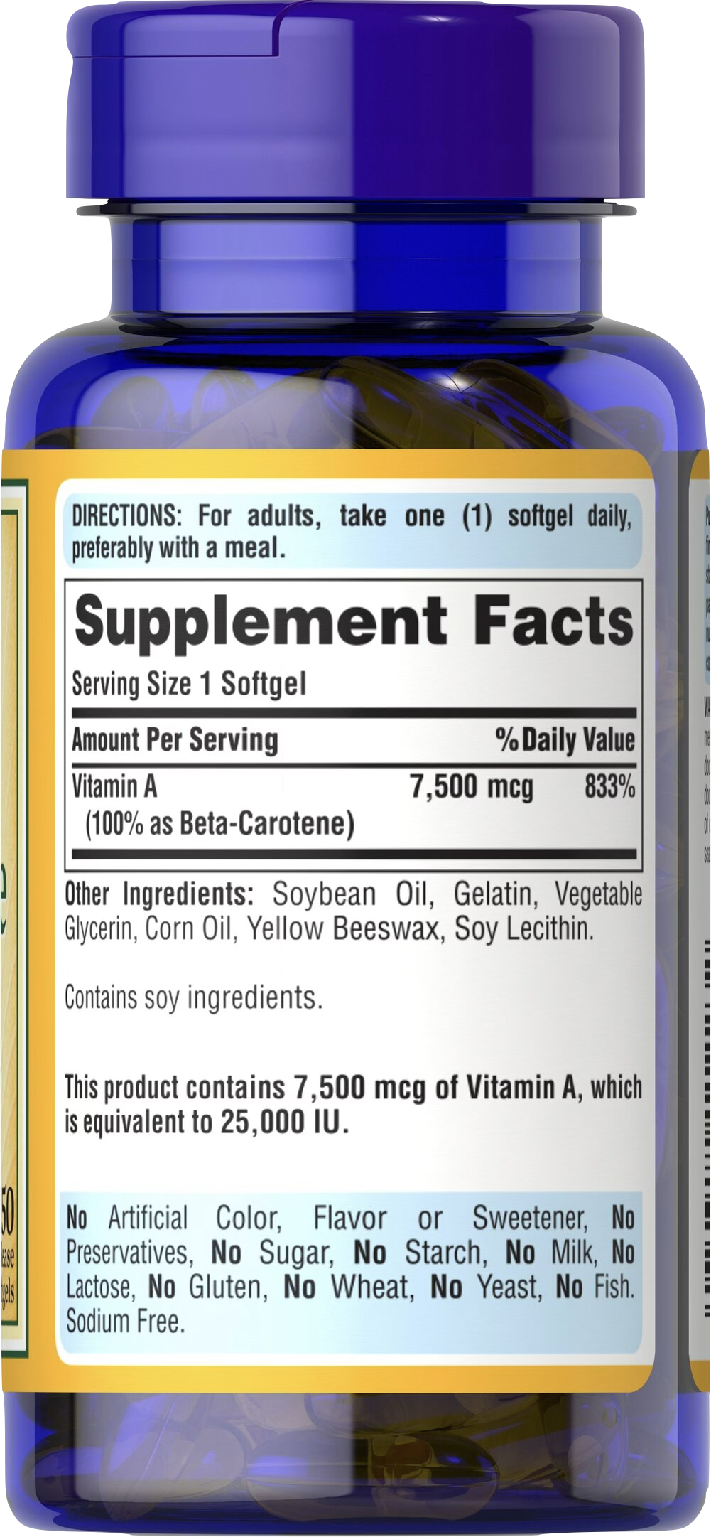 Puritan's Pride Betacaroteno 25.000 UI | Provitamina A 250 cápsulas blandas de liberación rápida - información nutricional e ingredientes