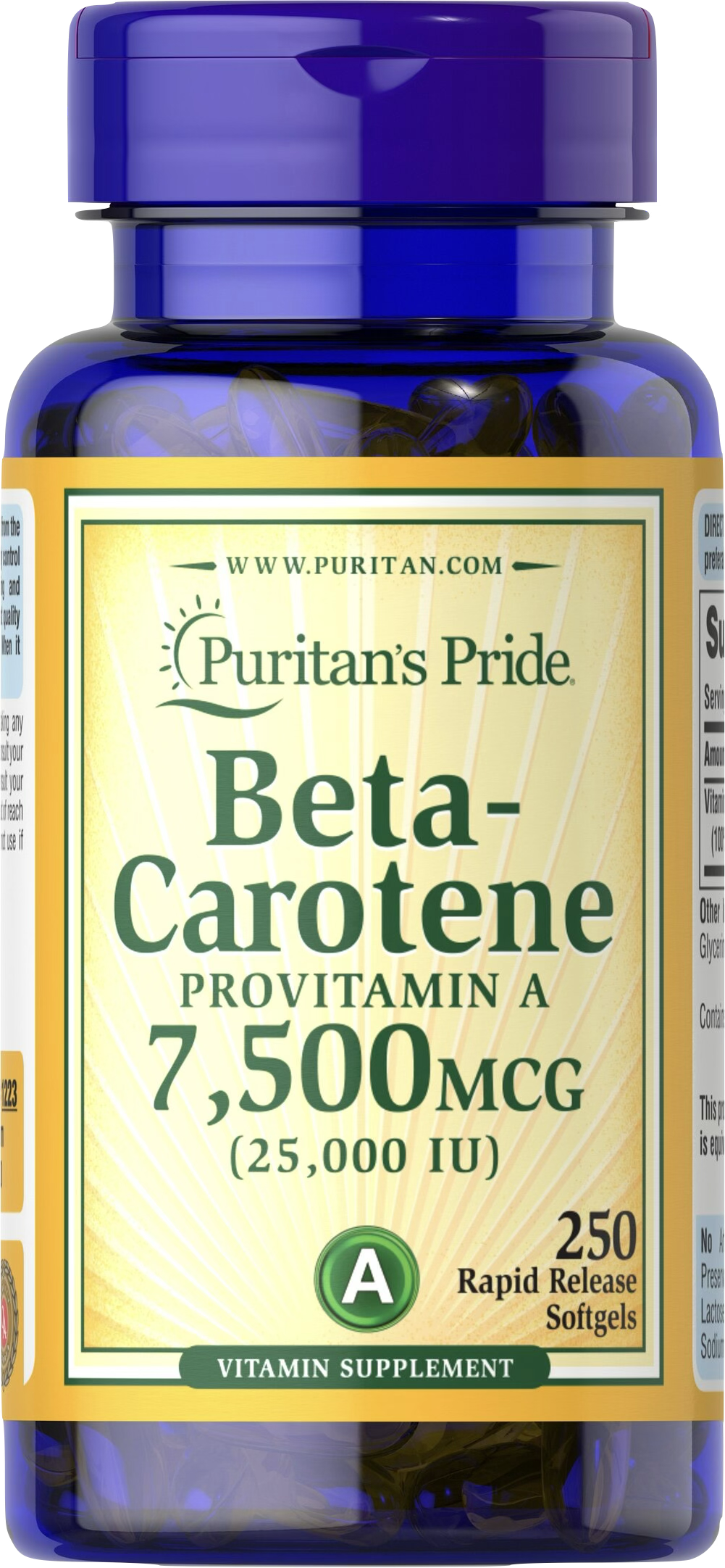 Puritan's Pride Betacaroteno 25.000 UI | Provitamina A 250 cápsulas blandas de liberación rápida - vista frontal