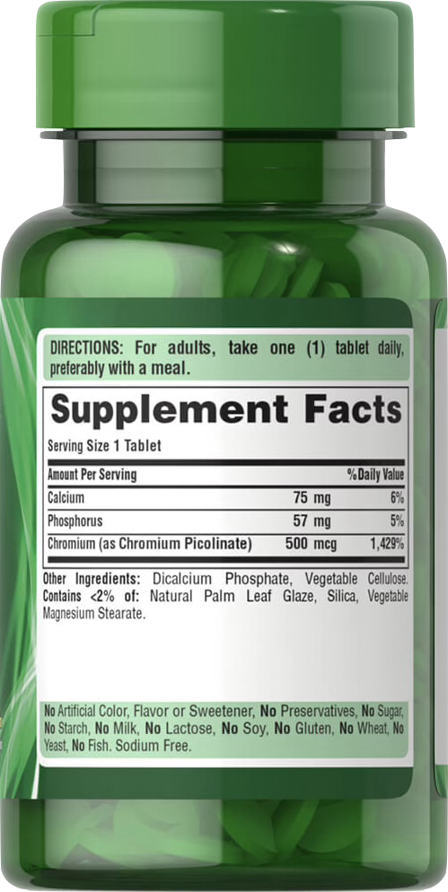 Puritan's Pride Picolinato de Cromo 500 mcg 100 comprimidos recubiertos - información nutricional e ingredientes
