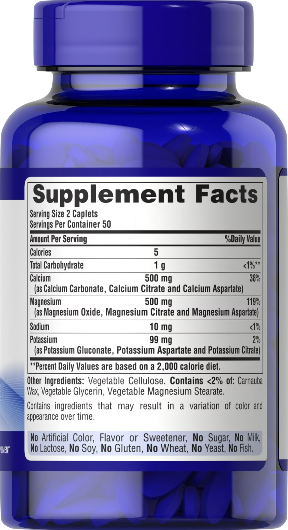 Puritan’s Pride Calcio, Magnesio y Potasio 100 comprimidos recubiertos - información nutricional e ingredientes