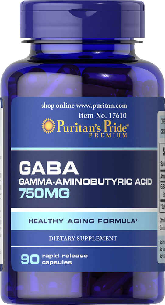 Puritan’s Pride GABA 750 mg (Ácido gamma-aminobutírico) 90 cápsulas de liberación rápida - vista frontal
