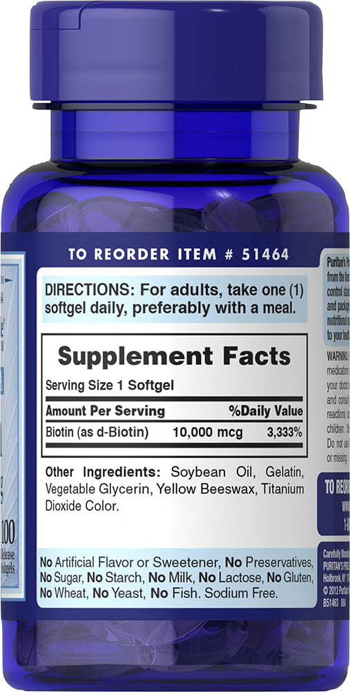 Puritan’s Pride Biotina 10.000 mcg 100 cápsulas blandas de liberación rápida - información nutricional e ingredientes