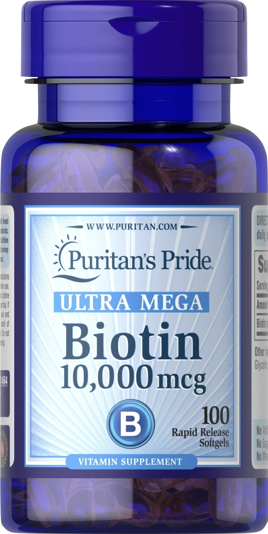 Puritan’s Pride Biotina 10.000 mcg 100 cápsulas blandas de liberación rápida - vista frontal