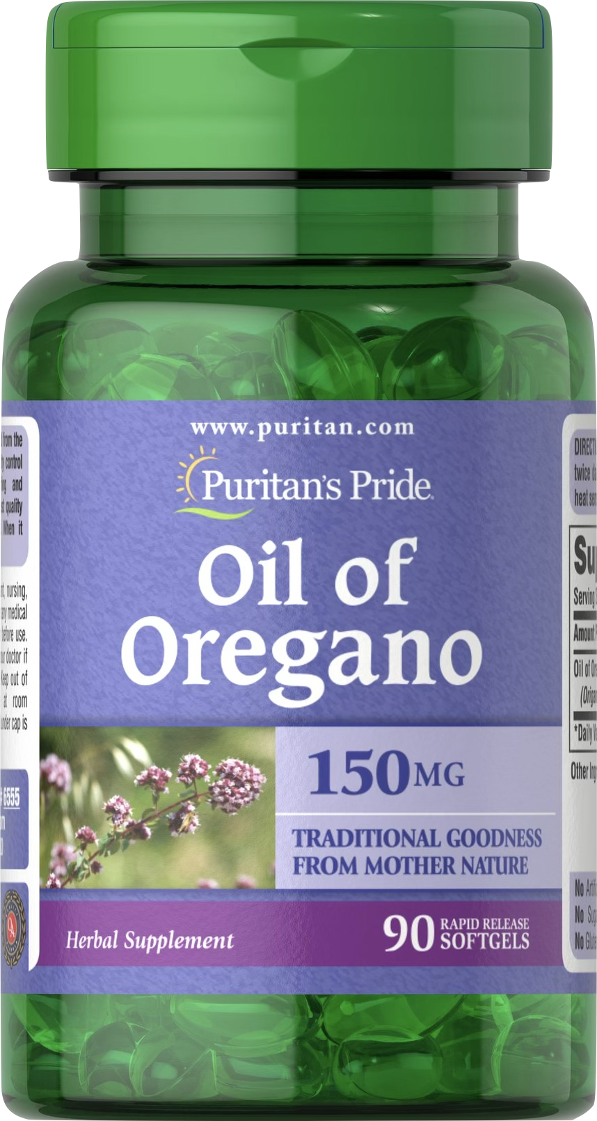Puritan’s Pride Aceite de orégano 150 mg 90 cápsulas blandas de liberación rápida - vista frontal