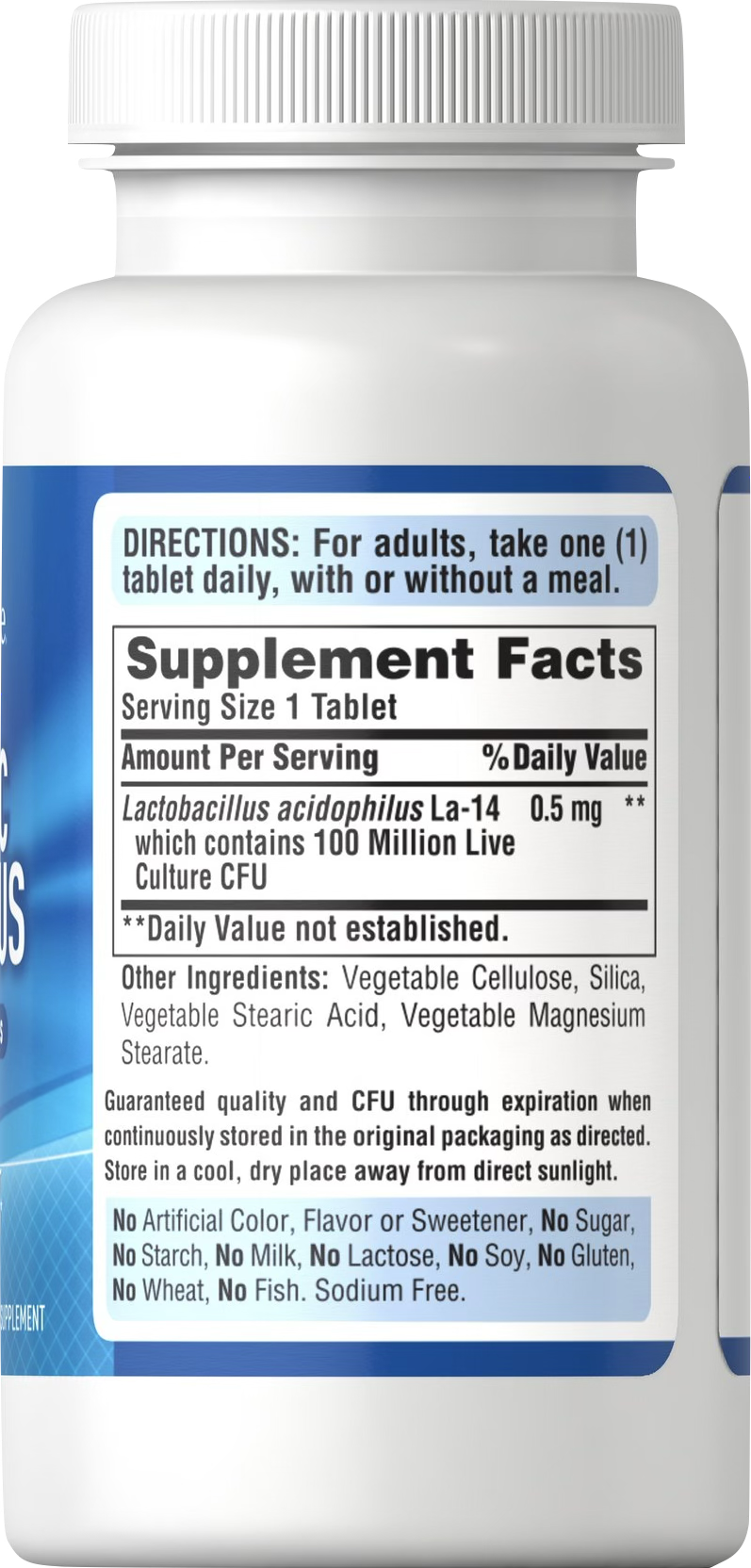 Puritan's Pride Probiótico Acidophilus 100 Millones de UFC 100 comprimidos - información nutricional e ingredientes