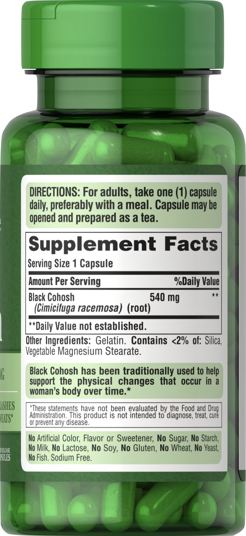 Puritan's Pride Cimicífuga 540 mg | Black Cohosh 100 cápsulas de liberación rápida - información nutricional e ingredientes
