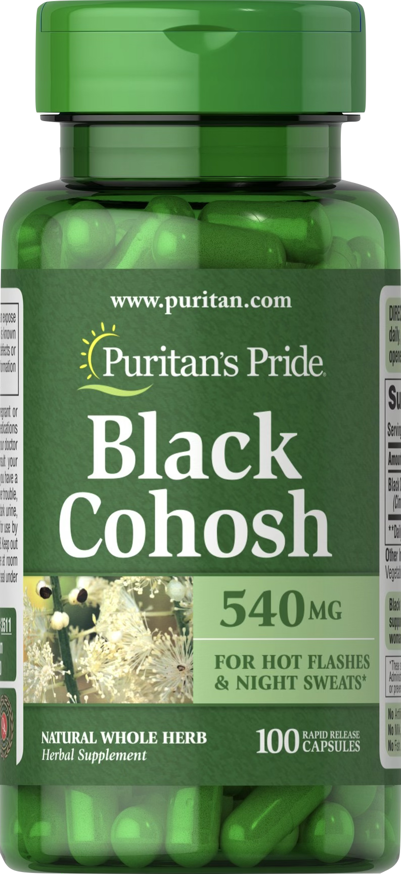 Puritan's Pride Cimicífuga 540 mg | Black Cohosh 100 cápsulas de liberación rápida - vista frontal