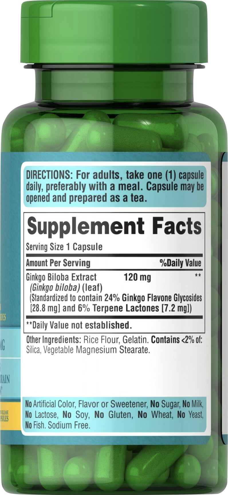 Puritan's Pride Ginkgo Biloba 120 mg 100 cápsulas de liberación rápida - información nutricional e ingredientes
