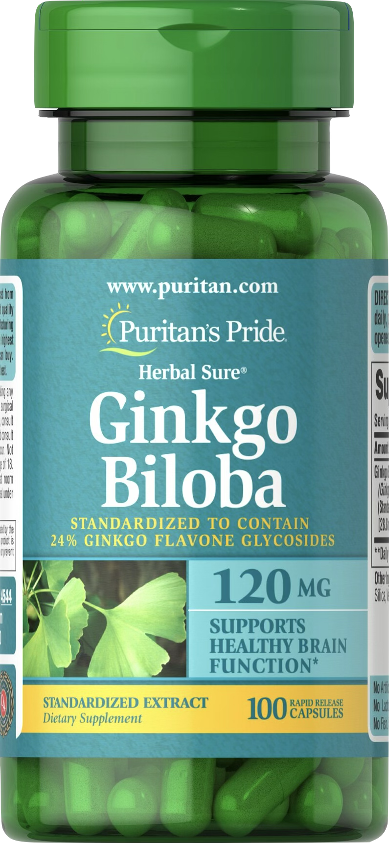Puritan's Pride Ginkgo Biloba 120 mg 100 cápsulas de liberación rápida - vista frontal