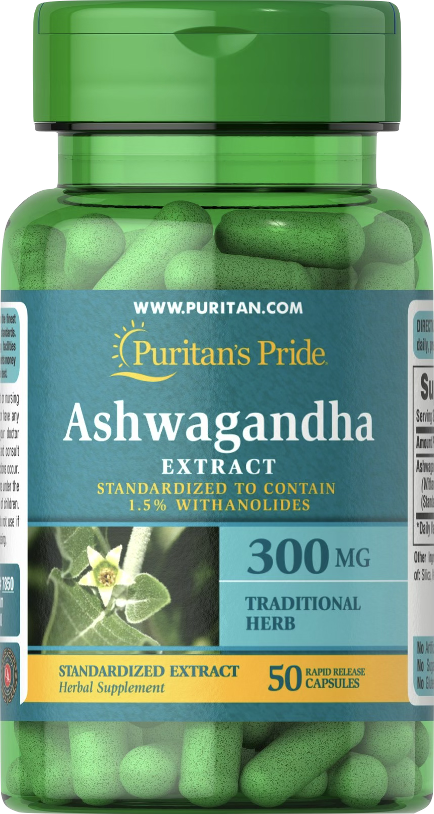 Puritan’s Pride Ashwagandha 300 mg 50 cápsulas de liberación rápida - vista frontal
