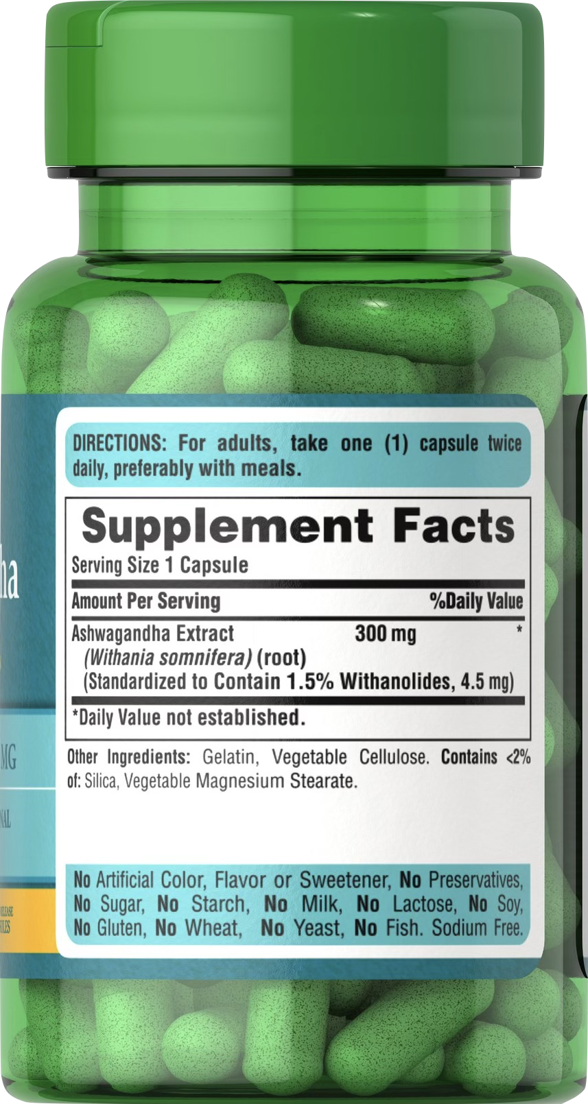 Puritan’s Pride Ashwagandha 300 mg 50 cápsulas de liberación rápida - información nutricional e ingredientes