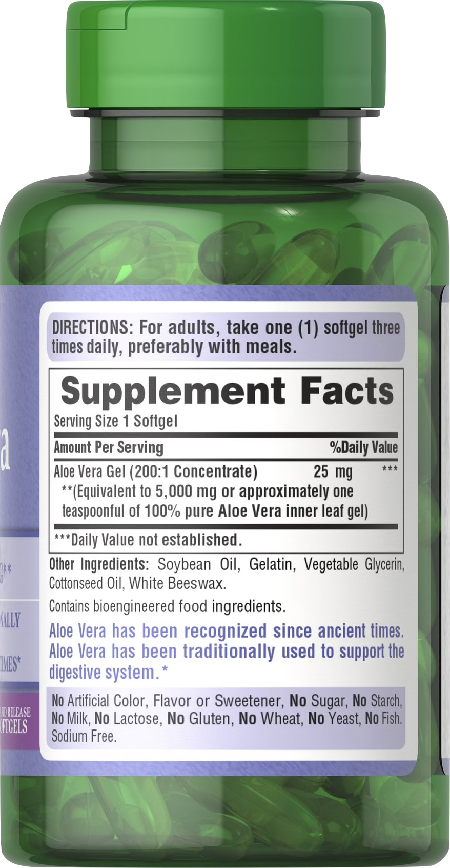 Puritan’s Pride Aloe vera 25 mg 200 cápsulas blandas de liberación rápida - información nutricional e ingredientes