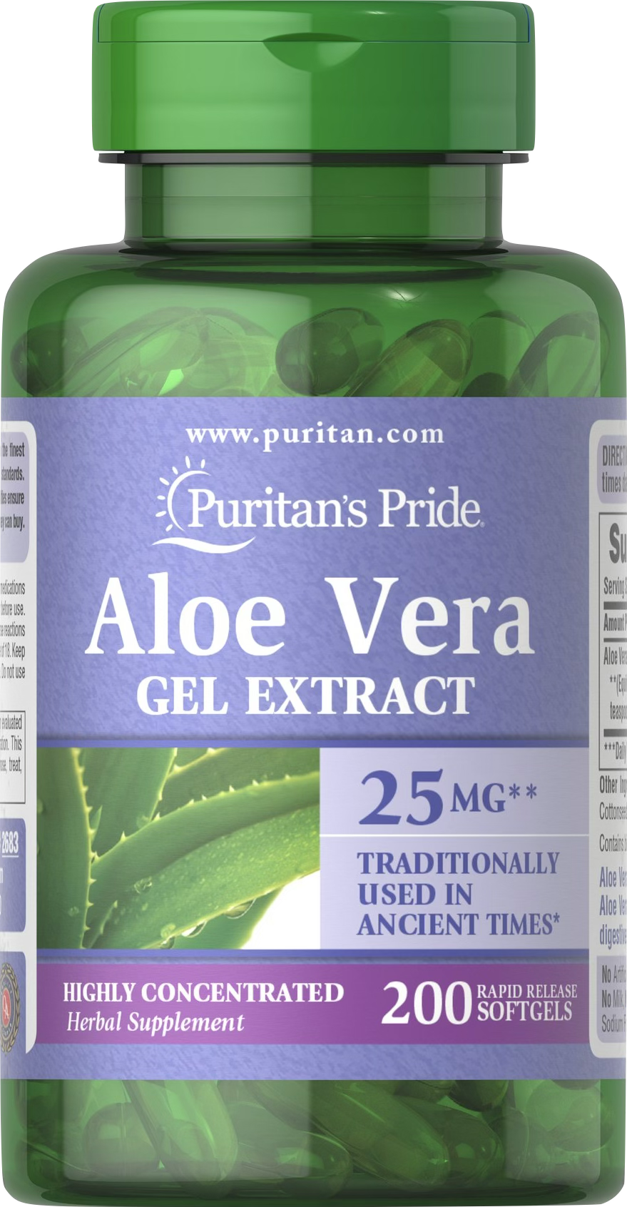 Puritan’s Pride Aloe vera 25 mg 200 cápsulas blandas de liberación rápida - vista frontal
