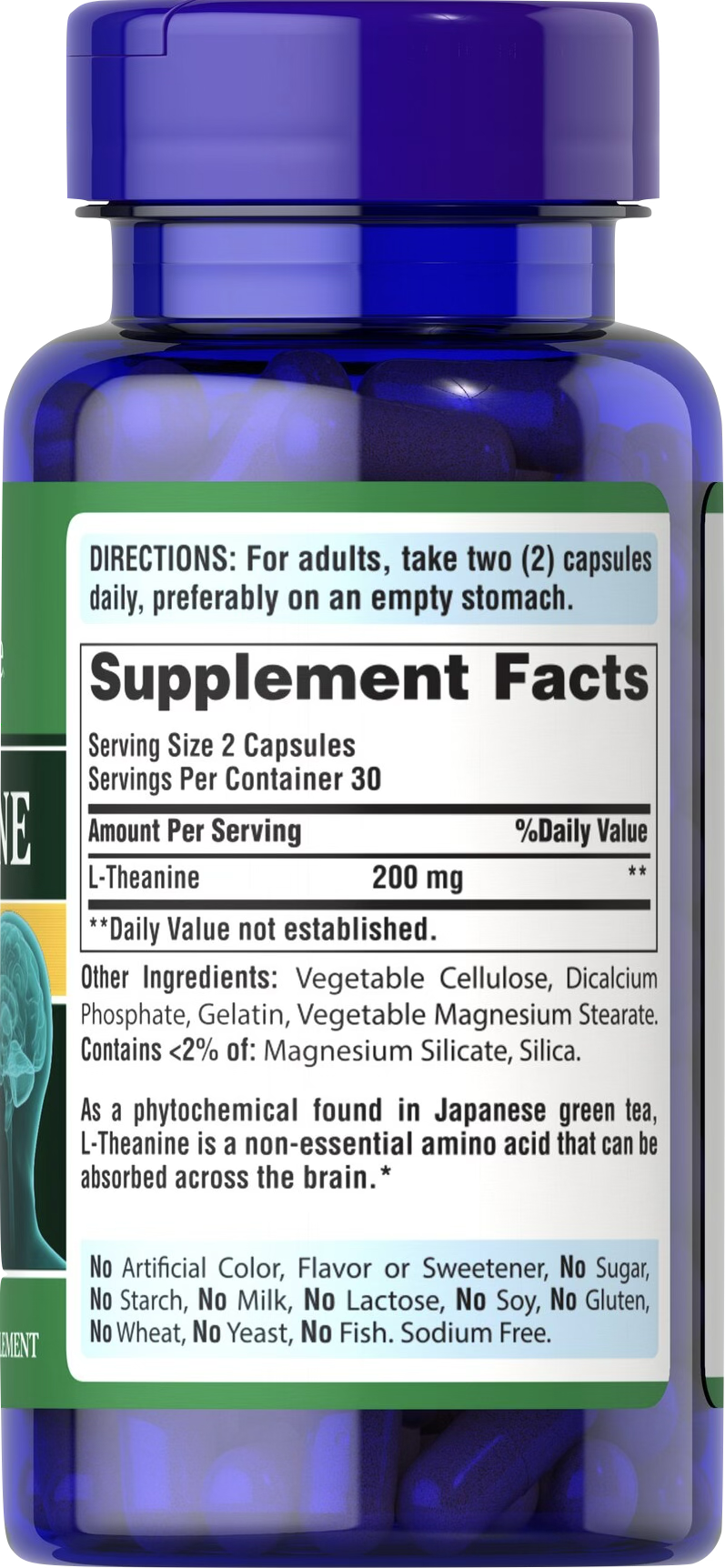 Puritan's Pride L-Teanina 200 mg 60 cápsulas de liberación rápida - información nutricional e ingredientes