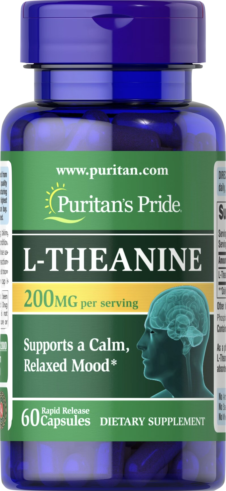 Puritan's Pride L-Teanina 200 mg 60 cápsulas de liberación rápida - vista frontal
