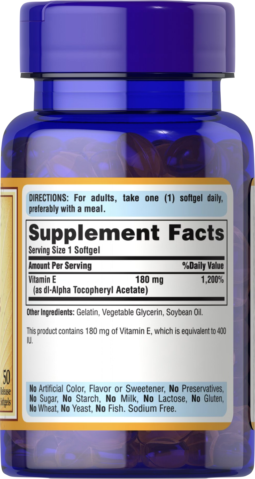 Puritan's Pride Vitamina E 400 UI | DL-Alfa Tocoferol 50 cápsulas blandas de liberación rápida - información nutricional e ingredientes