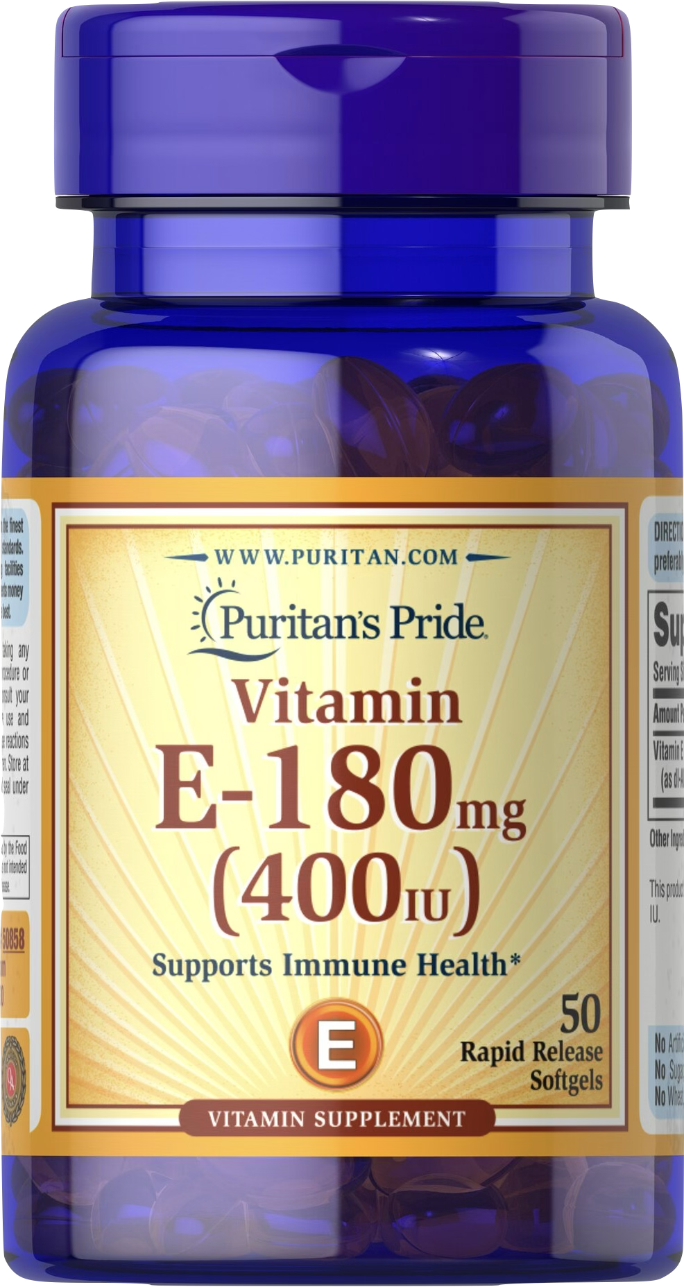 Puritan's Pride Vitamina E 400 UI | DL-Alfa Tocoferol 50 cápsulas blandas de liberación rápida - vista frontal